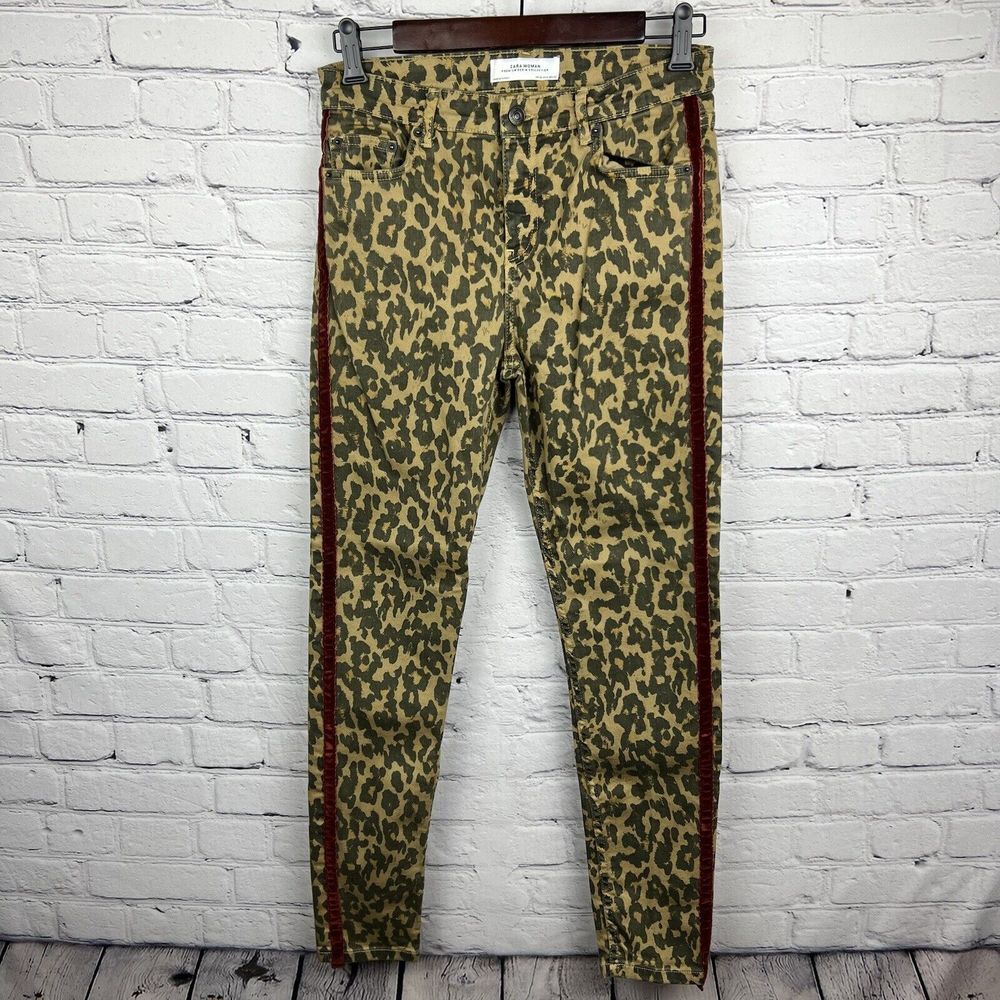 Zara Jeans Sz 6 Animal Print Leopard Denim Jeans Velvet Tuxedo Stripe Mid Rise